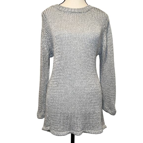J. McLaughlin Silver Gray Crew Neck Chunky Knit Tunic Sweater Size L Slim Fit - Picture 1 of 9